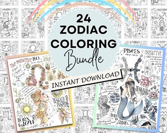 24 Zodiac Coloring Pages Fun Astrology Book Birthday Party Activity Digital Download Simple Adult encouraging Coloring Stress Relief Gift
