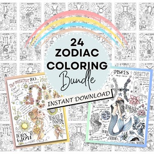 24 Zodiac Coloring Pages Fun Astrology Book Birthday Party Activity Digital Download Simple Adult encouraging Coloring Stress Relief Gift