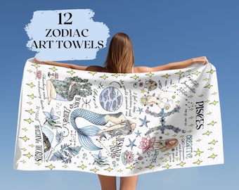 Zodiac Beach Towel Taurus Astrology Towel Birth Flower Pisces Leo Towel Mermaidcore Gemini Birthday Gift Women Witchy Gift Daughter Mom