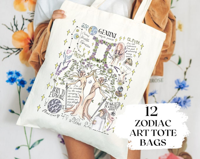 Zodiac Tote Bag Gemini Gift Weekender Bag Libra Tote Floral Astrology Shopping Bag Horoscope Birthday Gift Witchy Daughter Best Friend Gift