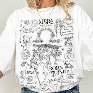 Libra Shirt Astrology Tee Shirt Libra Whimsical Zodiac Gift Birth Flower Top Birthday Affirmation Libra Gifts Daughter Mother Best Friend