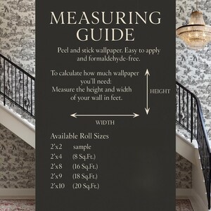 May include: Image of a staircase with black wrought iron railings and patterned wallpaper. A measuring guide on a dark background provides instructions for calculating wallpaper needs, including height and width measurements in feet, and roll sizes.