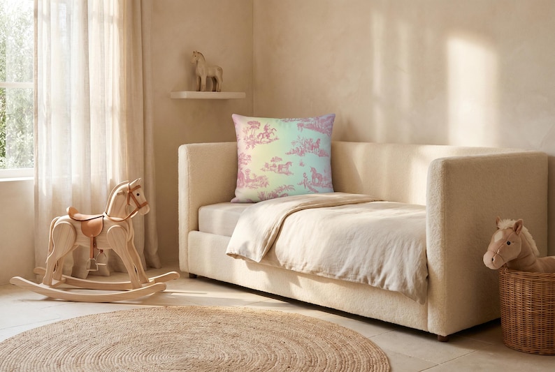 May include: A bedroom scene with a bed and a decorative pillow with a pastel design. A wooden rocking horse and a stuffed horse in a basket are also visible. A round rug is on the floor. The room is bathed in natural light.