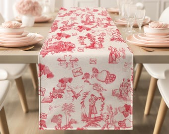 Red Anniversary Toile Table Runner Love Hearts Decor Dinning Table Linen Festive Love Tablecloth Kitchen Gift for Couple