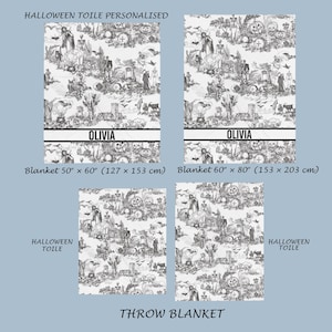 May include: Black and white Halloween toile throw blanket with a spooky design featuring skulls, pumpkins, and other Halloween imagery. The blanket is available in two sizes: 50" x 60" and 60" x 80".