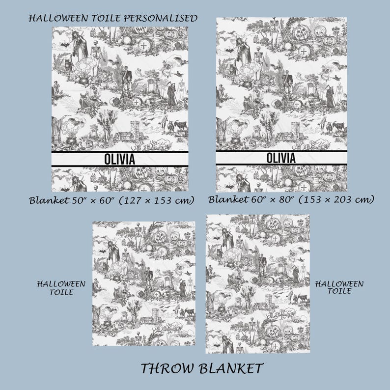May include: Black and white Halloween toile throw blanket with a spooky design featuring skulls, pumpkins, and other Halloween imagery. The blanket is available in two sizes: 50" x 60" and 60" x 80".