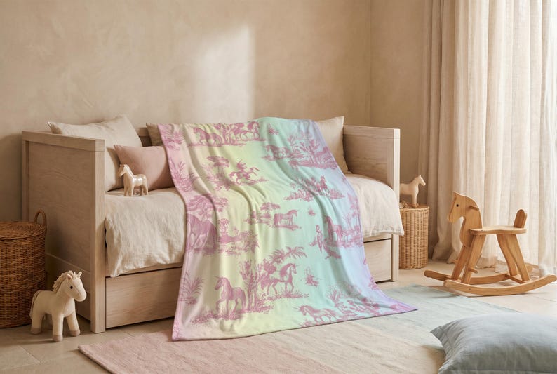 May include: A pastel-coloured blanket with a unicorn and landscape design draped over a bed. The blanket features a pink and white pattern on a gradient background of yellow, green, and blue. A wooden rocking horse and toy horses are nearby.
