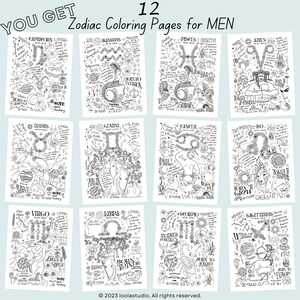 May include: Twelve black and white coloring pages featuring zodiac signs. Each page includes a zodiac symbol, astrological elements, and the phrase "Born to..." with a word describing the zodiac sign's personality. The text "You Get" and "Zodiac Coloring Pages for Men" are at the top of the image.