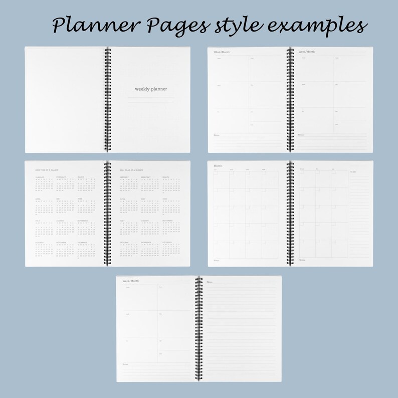 Peut inclure: Cinq agendas ouverts &agrave; reliure spirale avec des pages blanches et une reliure en fil noir. Les pages pr&eacute;sentent divers agencements, dont un planificateur hebdomadaire, des calendriers mensuels, des aper&ccedil;us annuels et des sections de notes lign&eacute;es. Le texte "Planner Pages style examples" figure en haut.