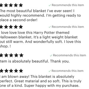 May include: Five-star reviews for a Harry Potter themed Halloween blanket. The reviews highlight the blanket's softness, warmth, and overall quality.  The reviewer recommends the product and the shop.