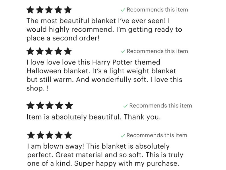 May include: Five-star reviews for a Harry Potter themed Halloween blanket. The reviews highlight the blanket's softness, warmth, and overall quality.  The reviewer recommends the product and the shop.