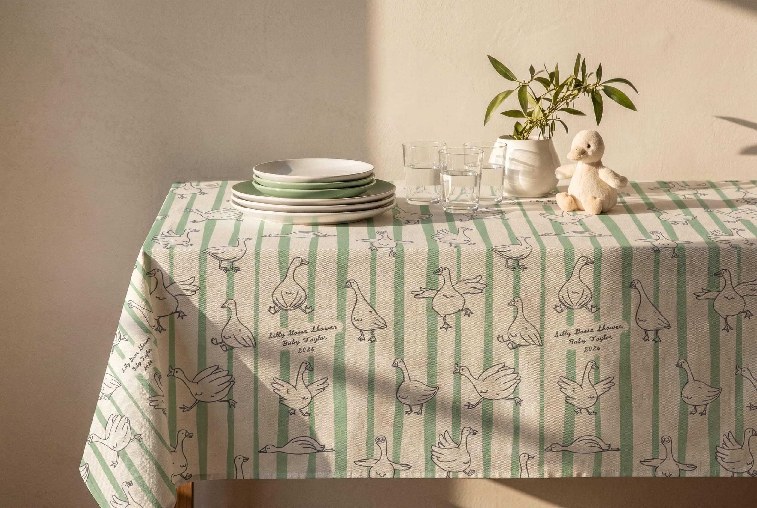 Silly Goose Baby Shower Tablecloth Rectangle Sage Green Stripped Dining ...