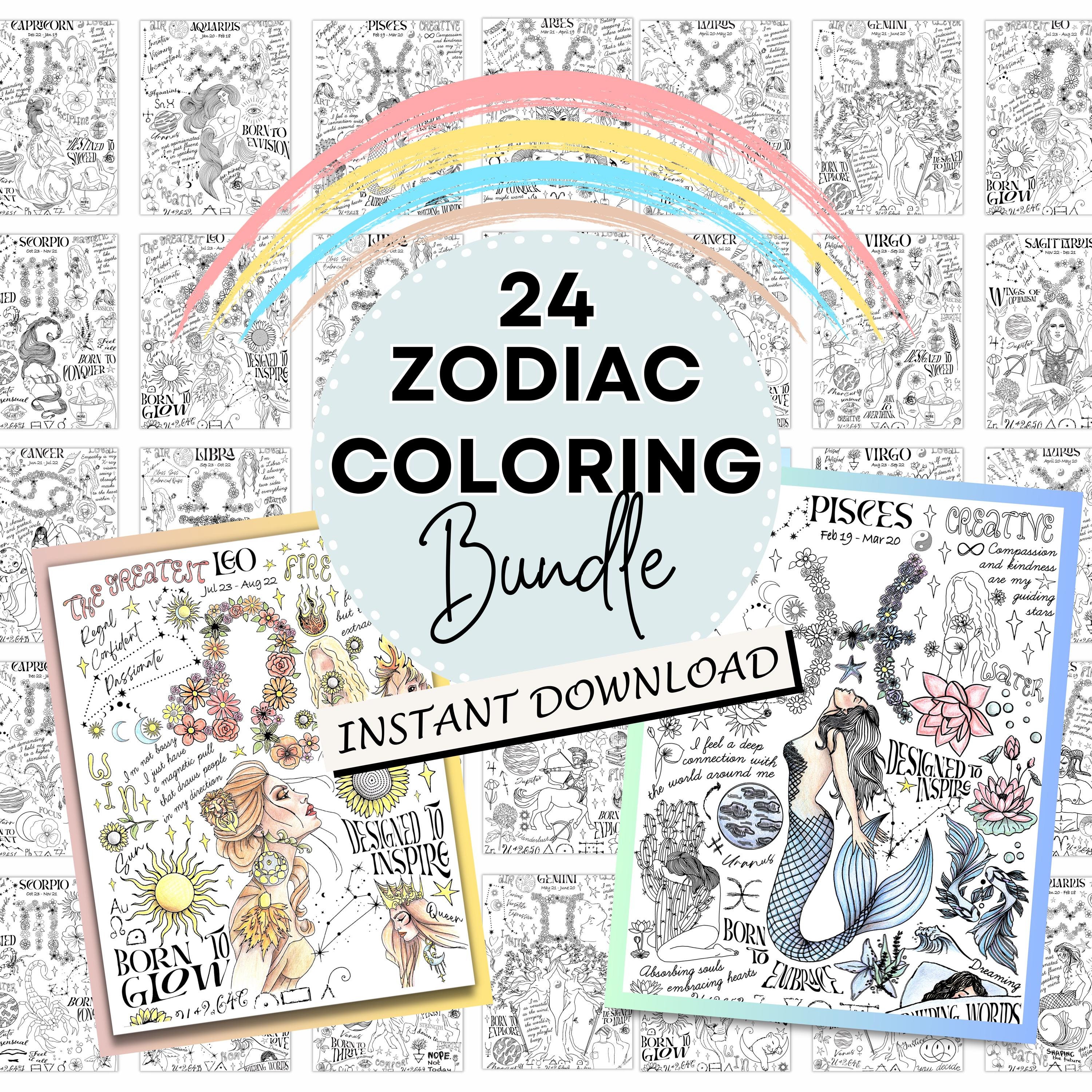 24 Páginas para colorear del zodiaco – Libro de colorear de astrología en PDF imprimible para adultos y adolescentes, alivio del estrés, actividad para fiestas, descarga digital instantánea