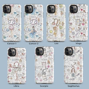 May include: Set of 12 phone cases featuring zodiac signs with illustrations and text. The cases are white with black outlines and feature different zodiac signs, including Cancer, Leo, Virgo, Libra, Scorpio, and Sagittarius.