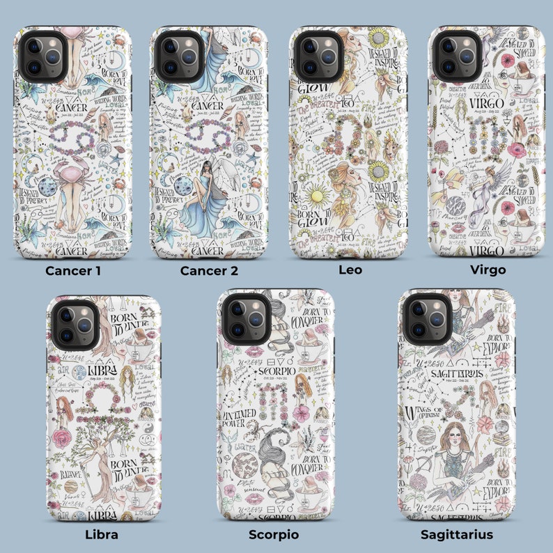 May include: Set of 12 phone cases featuring zodiac signs with illustrations and text. The cases are white with black outlines and feature different zodiac signs, including Cancer, Leo, Virgo, Libra, Scorpio, and Sagittarius.