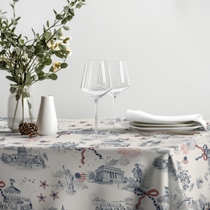 May include: A table setting featuring a white tablecloth with a blue and red patriotic design. Two clear wine glasses, white plates, and a folded napkin are on the table. A vase with flowers and a decorative pinecone are also present.