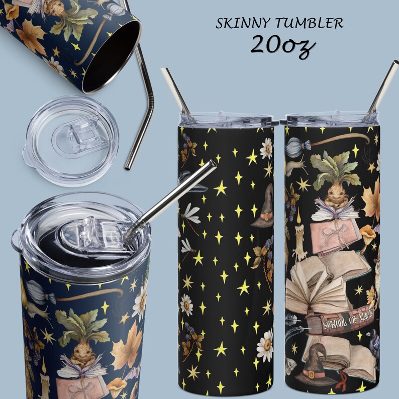 May include: A black and yellow skinny tumbler with a witchy design. The tumbler features a pattern of stars, flowers, and a witch's hat. The design also includes a book with the text "School of Magic".