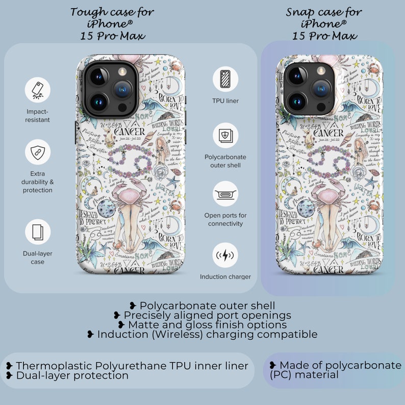 May include: Two phone cases for the iPhone 15 Pro Max. The case on the left is a tough case with a white background and a colorful design featuring a zodiac sign, a crab, and the word "Cancer". The case on the right is a snap case with the same design. Both cases have a TPU liner and a polycarbonate outer shell.
