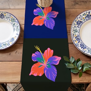 Hibiscus Flower Table Runner Tropical Wedding Maximalist Floral Table Decor Pop Art Beach House Kitchen Dark Statement Dining Linen