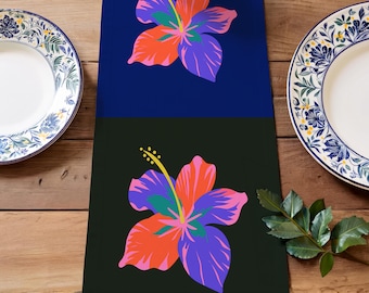 Hibiscus Flower Table Runner Tropical Wedding Maximalist Floral Table Decor Pop Art Beach House Kitchen Dark Statement Dining Linen