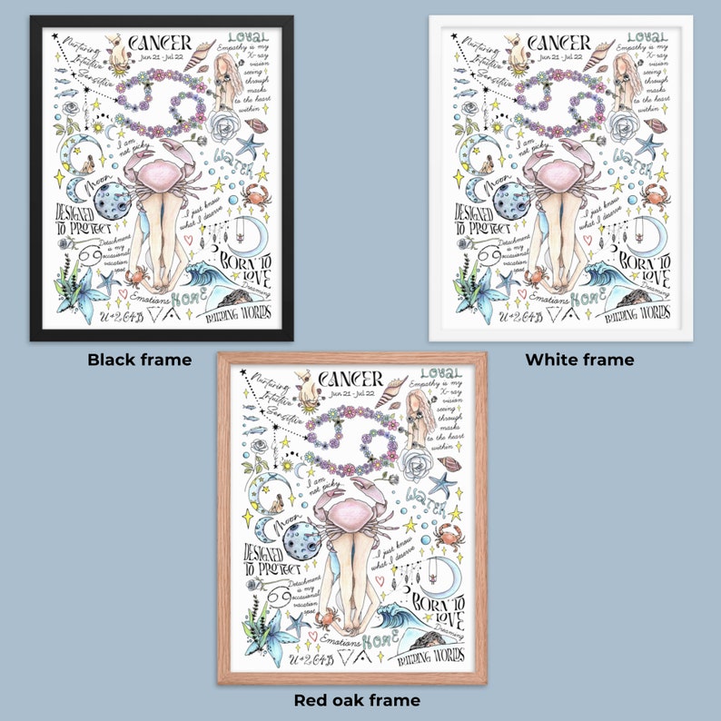 May include: A colorful illustration of the zodiac sign Cancer with the text "Cancer Jun 21 - Jul 22" and "Designed to protect" and "Born to love" and "Emotions Hope" and "Building Worlds".