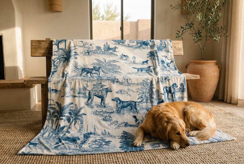 A golden retriever dog is lying on a rug in a room with a large blue and white patterned blanket featuring various animals and landscapes.