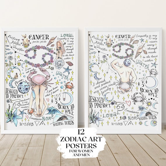 Cancer Zodiac Wall Art Framed Poster Astrology Couple Decor Whimsical New Home Decor Witchy Gift Gemini Virgo Scorpio Housewarming Gift