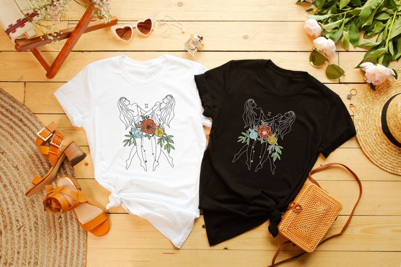 Koszulka Gemini w stylu retro zodiaku, organiczna, kwiatowa, estetyczna koszulka astrologiczna, koszulka Cottage Core, prezent dla córki, spersonalizowana koszulka Fairycore zdjęcie 5