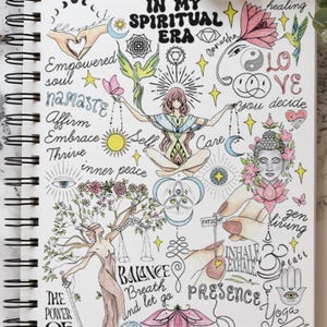 Peut inclure: Une page de carnet &agrave; spirales avec des illustrations color&eacute;es dessin&eacute;es &agrave; la main et du texte incluant "IN MY SPIRITUAL ERA", "Empowered soul", "namaste", "Affirm", "Embrace", "Thrive", "inner peace", "BALANCE", "Breath", "Presence" et "Mindfulness".