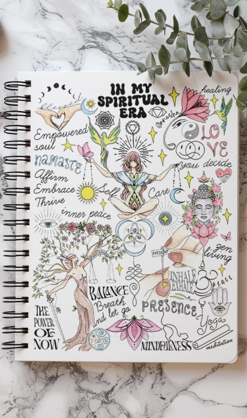 Peut inclure: Une page de carnet &agrave; spirales avec des illustrations color&eacute;es dessin&eacute;es &agrave; la main et du texte incluant "IN MY SPIRITUAL ERA", "Empowered soul", "namaste", "Affirm", "Embrace", "Thrive", "inner peace", "BALANCE", "Breath", "Presence" et "Mindfulness".