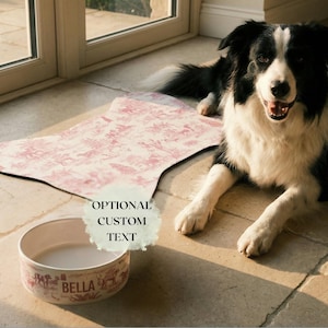 A black and white dog is sitting on a tiled floor next to a white bowl with a pink floral design, and a pink and white custom textured mat.