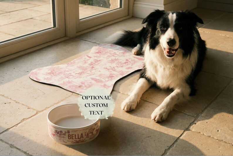 A black and white dog is sitting on a tiled floor next to a white bowl with a pink floral design, and a pink and white custom textured mat.