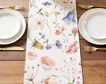Dainty Wildflower Table Runner Spring Tableware Pressed Flower Decor White Floral Table Runner Herb Garden Lover Gift Mothers Day Decor