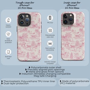 Op de afbeelding: Twee telefoonhoesjes met een roze en wit bloemenpatroon. Het hoesje links is een stevige hoes voor de iPhone 16 Pro Max. Het hoesje rechts is een snap-hoes voor de iPhone 16 Pro Max. Beide hoesjes hebben een polycarbonaat buitenkant en een TPU-voering.