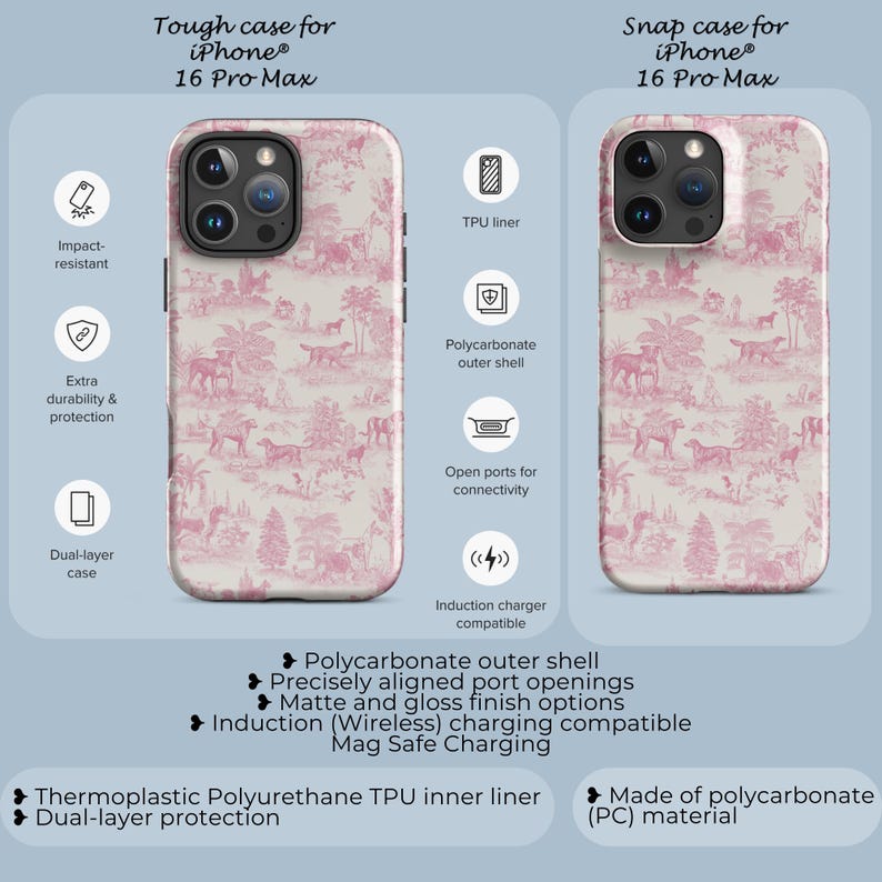Op de afbeelding: Twee telefoonhoesjes met een roze en wit bloemenpatroon. Het hoesje links is een stevige hoes voor de iPhone 16 Pro Max. Het hoesje rechts is een snap-hoes voor de iPhone 16 Pro Max. Beide hoesjes hebben een polycarbonaat buitenkant en een TPU-voering.