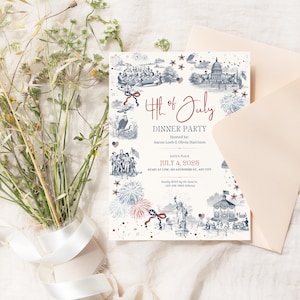 May include: A 4th of July Dinner Party invitation with a vintage design. The invitation features illustrations of American landmarks and fireworks in red and blue. A bouquet of flowers and a cream-colored envelope are also present.