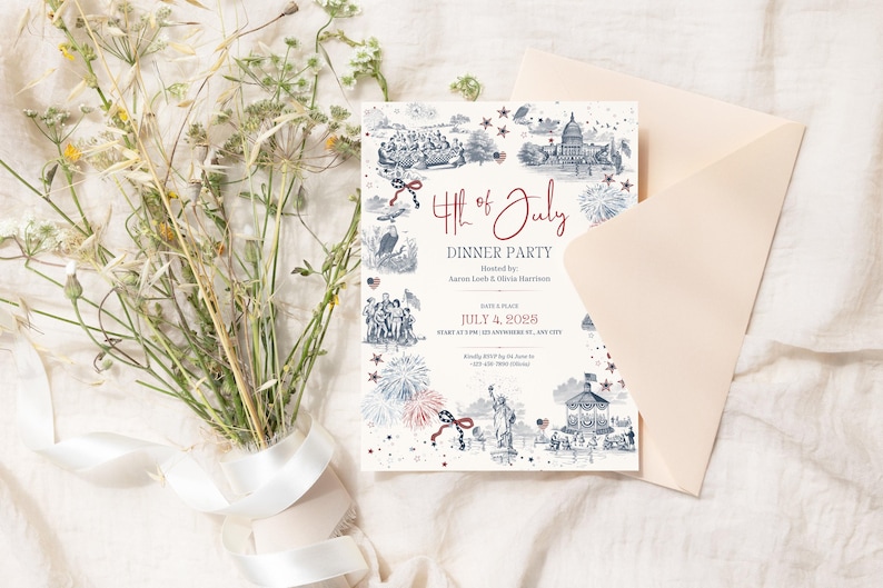 May include: A 4th of July Dinner Party invitation with a vintage design. The invitation features illustrations of American landmarks and fireworks in red and blue. A bouquet of flowers and a cream-colored envelope are also present.