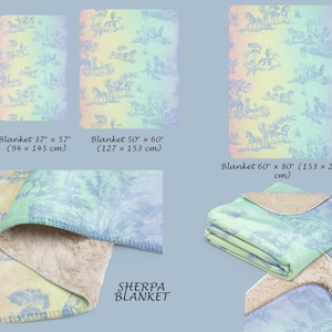 May include: Sherpa blankets in three sizes: 94 x 145 cm, 127 x 153 cm, and 153 x 203 cm. The blankets feature a pastel design with horses and trees. The blankets have a soft, plush sherpa lining. The text "SHERPA BLANKET" is visible.