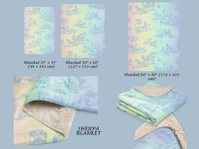 May include: Sherpa blankets in three sizes: 94 x 145 cm, 127 x 153 cm, and 153 x 203 cm. The blankets feature a pastel design with horses and trees. The blankets have a soft, plush sherpa lining. The text "SHERPA BLANKET" is visible.