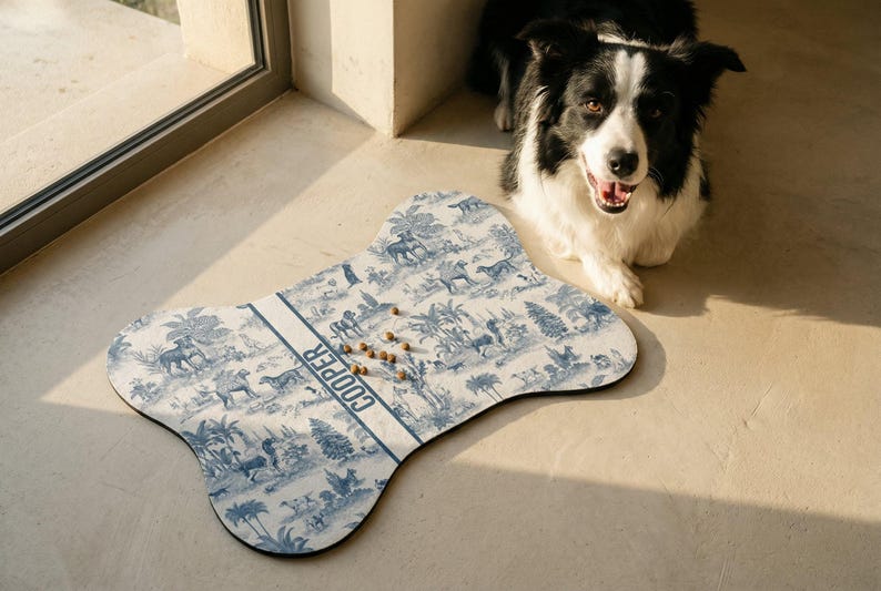 A black and white dog is sitting on a beige floor next to a bone-shaped dog toy with a pattern of animals and trees.