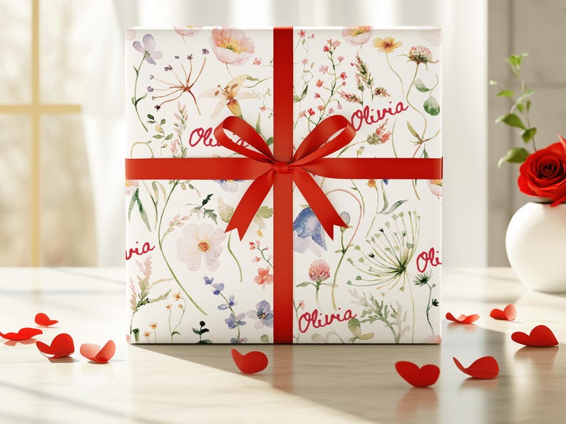 May include: A white gift box with a red ribbon and bow. The box is wrapped in floral patterned paper with the name "Olivia" written on it in red.