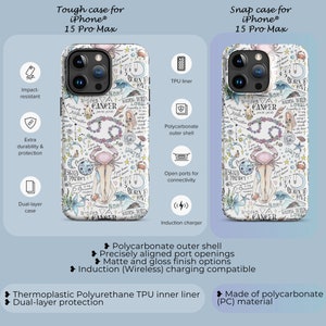 May include: Two phone cases for the iPhone 15 Pro Max. The case on the left is a tough case with a white background and a colorful design featuring a zodiac symbol, a crab, and the word "Cancer". The case on the right is a snap case with the same design. Both cases have a TPU liner and a polycarbonate outer shell.