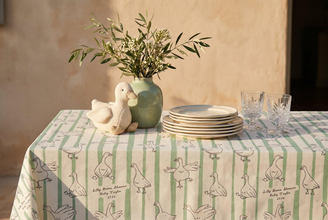 Silly Goose Baby Shower Tablecloth Rectangle Sage Green Stripped Dining ...