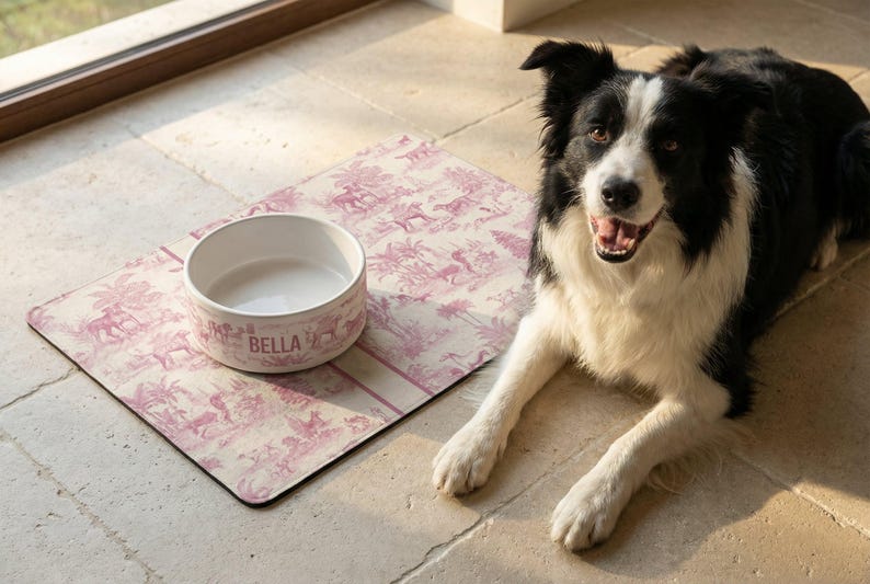 A black and white dog is sitting on the floor next to a pink and white patterned dog bowl, with a pink and white patterned mat in front of the bowl.