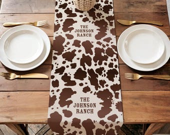 Brown Cow Print Table Runner Name Custom Cowgirl Rustic Ranch Kitchen Gift Western Country Farmhouse Table Linen Cowboy Bachelor Party Decor