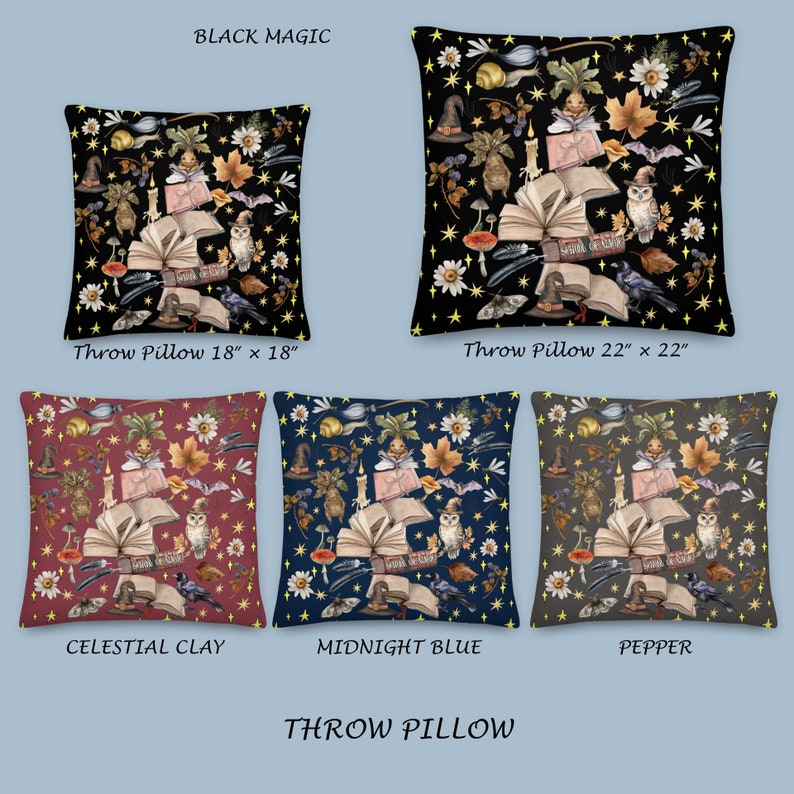 May include: Four throw pillows with different background colors and a repeating pattern of a book, owl, candle, and other magical objects. The pillow sizes are 18 inches by 18 inches and 22 inches by 22 inches. The background colors are black, red, blue, and gray.
