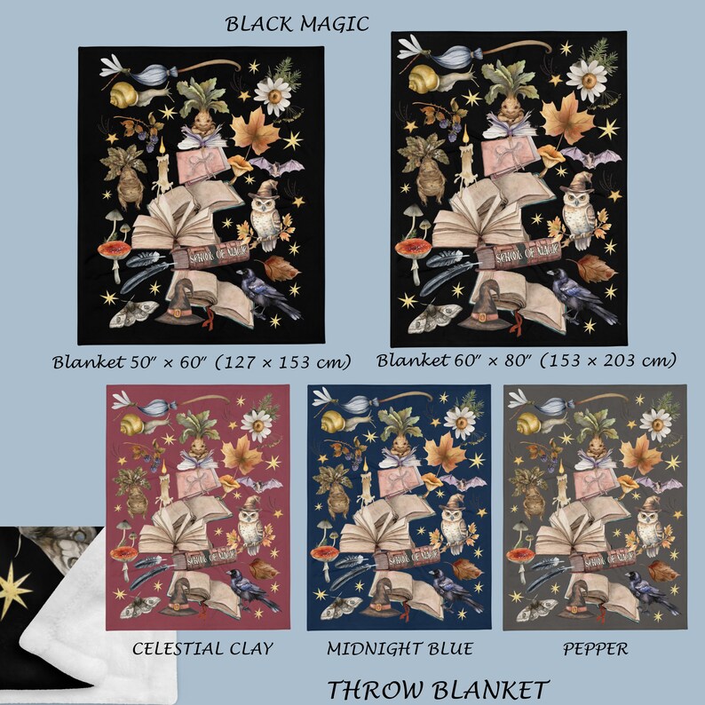 May include: A throw blanket featuring a magical illustration of a book, owl, and other whimsical elements. The blanket is available in four color options: black, celestial clay, midnight blue, and pepper. The blanket is 50 inches by 60 inches or 60 inches by 80 inches.
