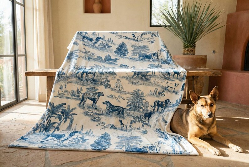 A dog is sitting on the floor next to a large blanket with a blue and white pattern of animals and nature scenes.