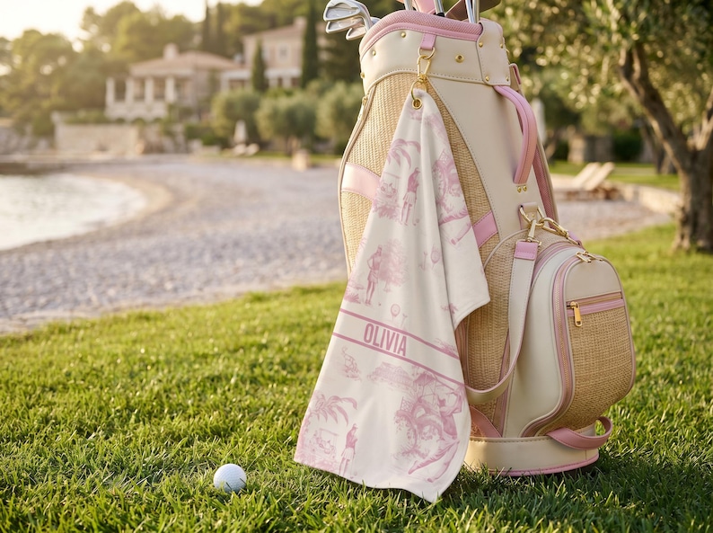 May include: A golf bag, towel, and golf ball sit on green grass. The golf bag is beige and pink with gold accents. The towel is white with a pink golf-themed design and the name "OLIVIA". A small golf bag is attached.