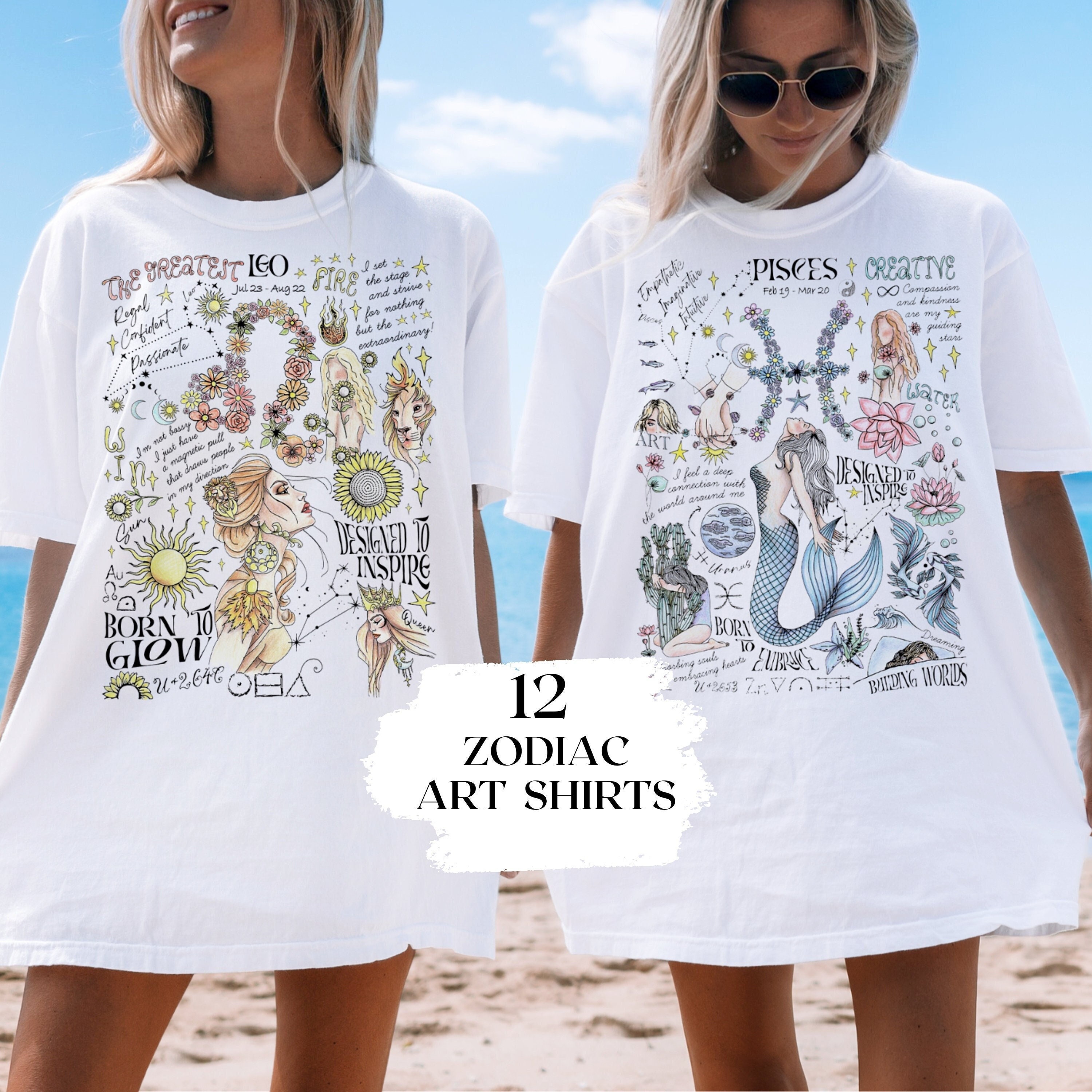 Camiseta del zodiaco Leo Piscis Astrología Camiseta de gran tamaño Floral Celestial Regalo para adolescente Fiesta de cumpleaños Top Regalo de bruja Camiseta de cumpleaños para hija Verano